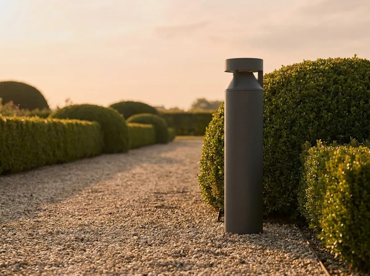 Borne d'éclairage cylindrique en fonte d'aluminium noir sable au bord d'une allée de gravier