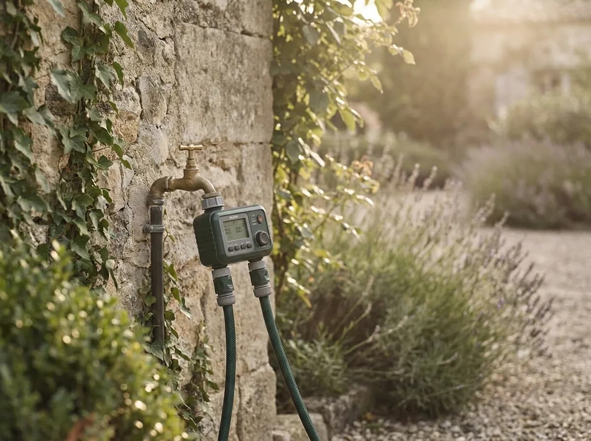 Programmateur d'arrosage numérique à deux sorties monté sur un robinet de jardin en laiton