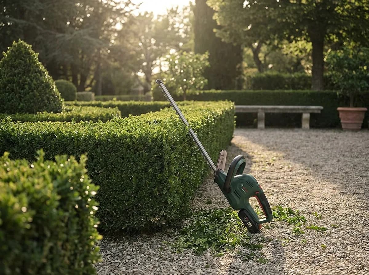 Taille-haie sans fil posé contre une haie de buis fraîchement taillée en fin d'après-midi